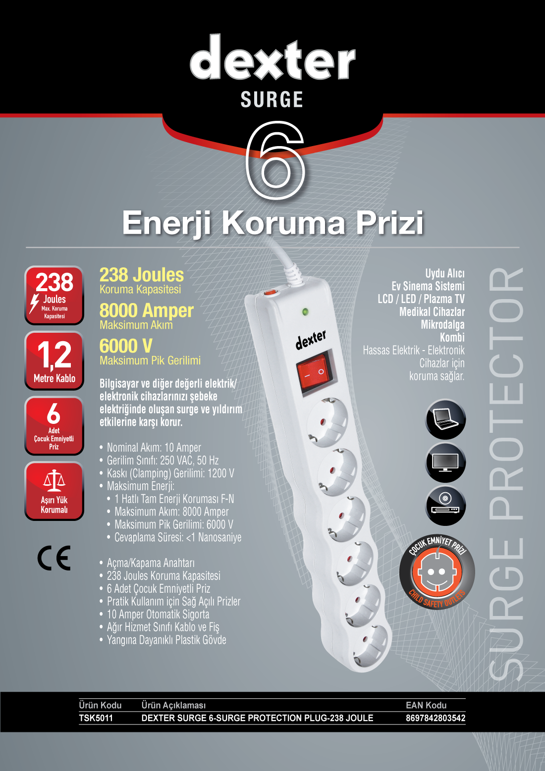 Tunçmatik Dexter Surge 6-Surge Protection Plug-238 Joule (Beyaz)