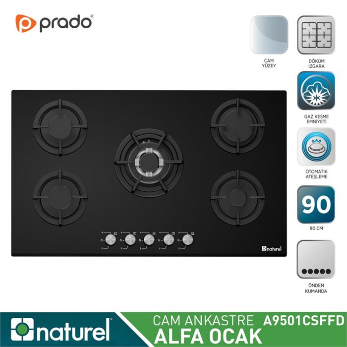 Naturel Alfa 90 Ankastre 5 Gözlü Wok Bekli Cam Ocak Siyah