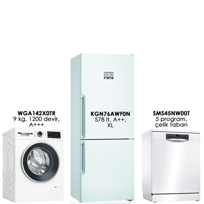 Bosch Üçlü Beyaz Eşya Seti WGA142X1TR-KGN76AWF0N-SMS45NW00T