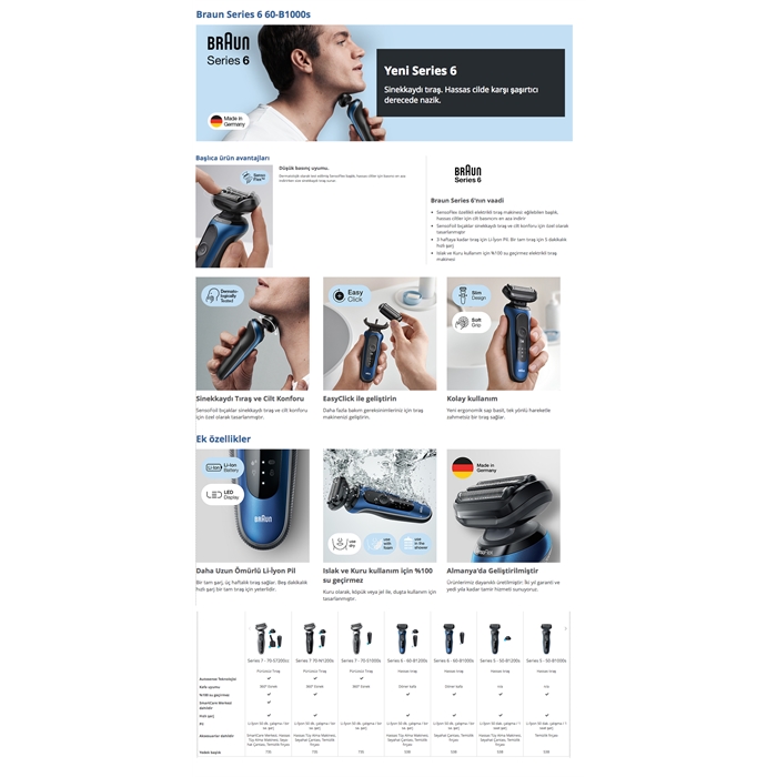 Braun Seri 6 B1000s Kablosuz Tıraş Makinası - SensoFlex - Easy Click Islak & Kuru