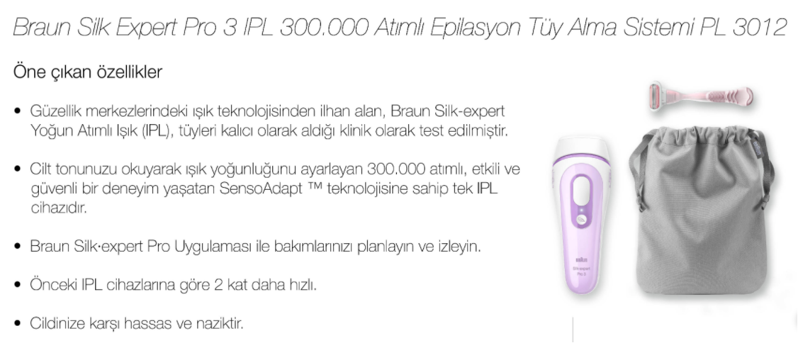 Braun Silk-Expert Pro 3 PL3012 IPL Epilatör
