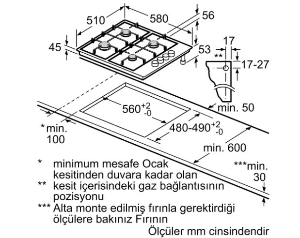 Bosch PBP6C5B82O Gazlı Ankastre Ocak 60 cm