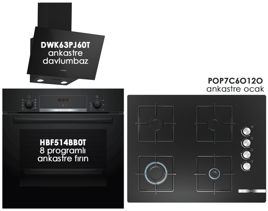 Bosch Ekonomik Siyah Cam Set 2 - HBF514BB0T, DWK63PJ60T, POP7C6O12O