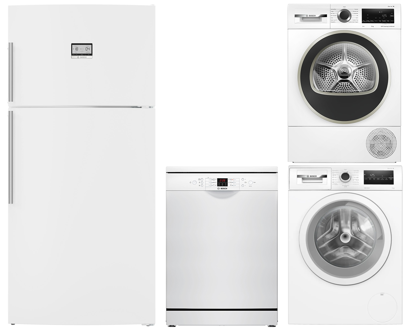 Bosch KDN86AWE1N_SMS26DW00T_WAN24200TR_WQG244C1TR Beyaz Eşya Seti
