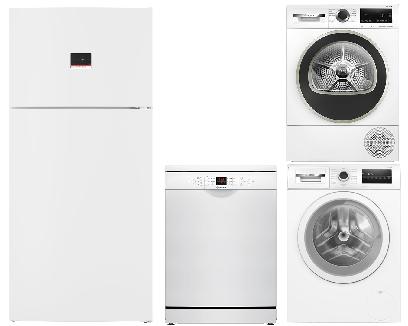 Bosch KDN86XWE1N_SMS26DW00T_WAN24200TR_WQG244C1TR Beyaz Eşya Seti